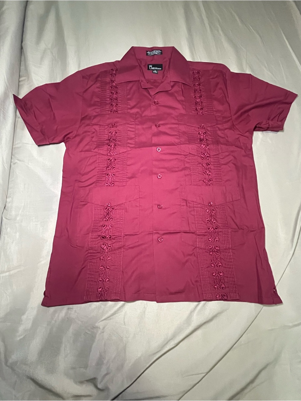 Embroidered Cuban-Style Short Sleeve Shirt /guayavera in Burgundy